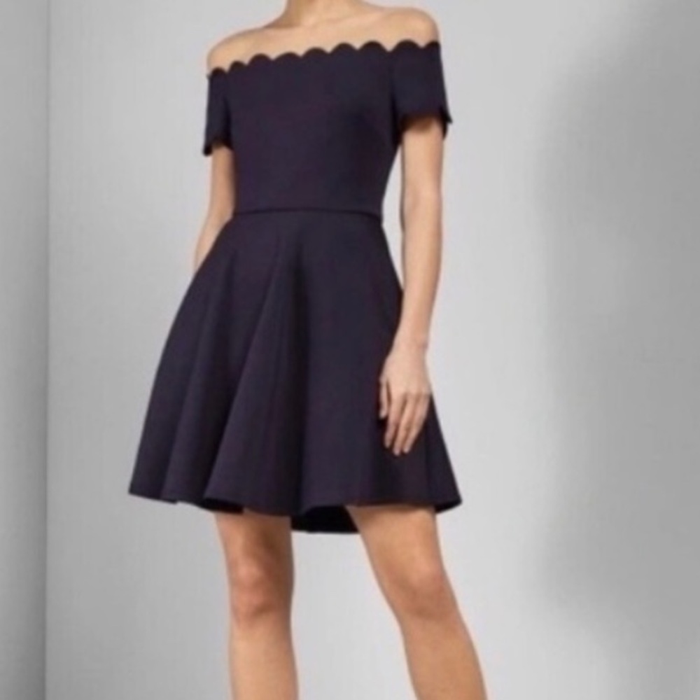 NWT Ted Baker Fellama Bardot Midnight Blue Mini Skater Dress. Size 8